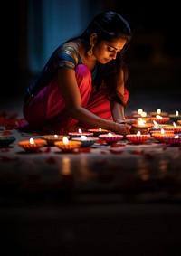 close up shot of Indian woman hand lighting diyas on Rangoli decorations on floor in Diwali festival. AI generated Image by rawpixel.