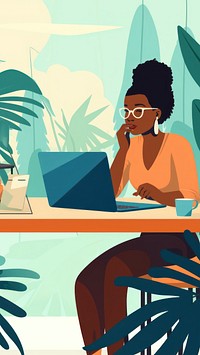 flat illustration of african american woman talking on phone while work with laptop on table. 