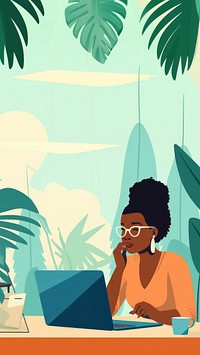 flat illustration of african american woman talking on phone while work with laptop on table. 