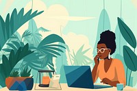 flat illustration of african american woman talking on phone while work with laptop on table. 