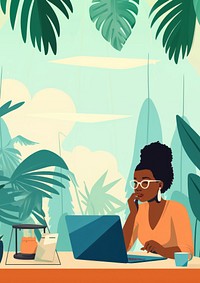 flat illustration of african american woman talking on phone while work with laptop on table. 