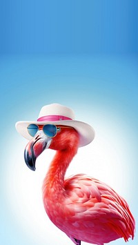 Flamingo wearing summer hat wearing sunglasses. 