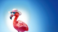 Flamingo wearing summer hat wearing sunglasses. 