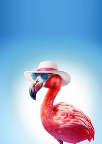 Flamingo wearing summer hat wearing sunglasses. 