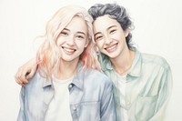 Two woman college student drawing laughing portrait. 