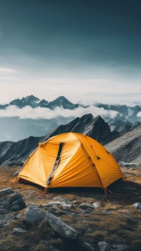 photo of tent at mountain, isolated on solid background.  