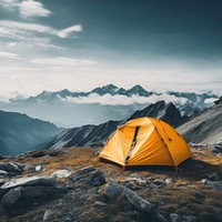 photo of tent at mountain, isolated on solid background.  