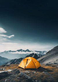 photo of tent at mountain, isolated on solid background.  