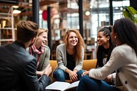 Student college meeting laughing adult togetherness. 