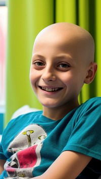 photo of a smiling young boy, cancer patient, in a hospital room. 