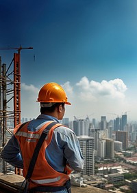 Photo of an asian construction worker working on the top of the building under construction. 