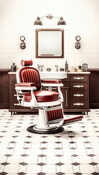 Vintage barber chair in a classic barbershop. Retro barber chair with red upholstery. Classic barbershop with vintage decor and retro style.