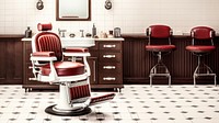 Vintage barber shop with red leather chairs, classic barber chairs, and retro decor. Barber shop ambiance with vintage style and classic charm.