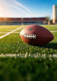 photo of Close-up of American Football on Grass Field with Blurry Stadium in Background. AI generated Image by rawpixel.