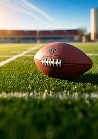 photo of Close-up of American Football on Grass Field with Blurry Stadium in Background. 