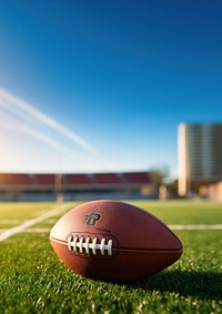 photo of Close-up of American Football on Grass Field with Blurry Stadium in Background. 