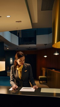 Photo of female receptionist working at counter of hotel. 