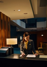 Photo of female receptionist working at counter of hotel. 