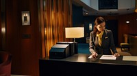 Photo of female receptionist working at counter of hotel. 