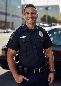 photo of police man smiling beside of a blurry police car background.  