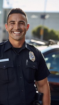 photo of police man smiling beside of a blurry police car background.  