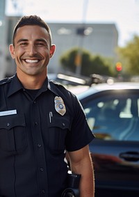 photo of police man smiling beside of a blurry police car background.  