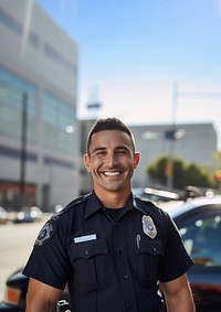 photo of police man smiling beside of a blurry police car background.  