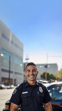 photo of police man smiling beside of a blurry police car background.  