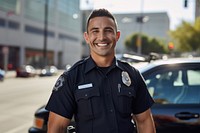 photo of police man smiling beside of a blurry police car background.  