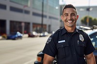 photo of police man smiling beside of a blurry police car background.  