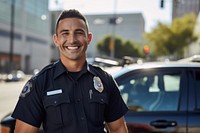 photo of police man smiling beside of a blurry police car background.  