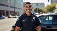 photo of police man smiling beside of a blurry police car background.  