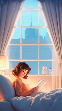 3d scene, cartoon style woman laying and playing a tablet on a bed hotel bedroom. AI generated Image by rawpixel. 