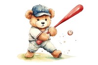 Teddy bear playing baseball sports toy white background. 