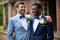 Gay couple wedding portrait tuxedo. 