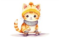 Cat playing skateboard cartoon cute white background. 