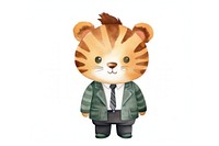 A cute tiger wearing suit cartoon toy white background. 