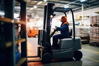 Woman driving forklift, industry photo. .