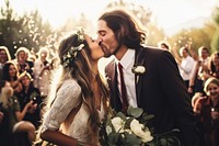 Wedding party bride portrait kissing. 