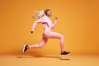 Athletic woman in pink sportswear running against an orange background. Dynamic pose, energetic movement, fitness-focused, sporty woman in action.