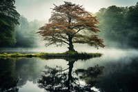 Forest tree fog reflection. 