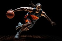 Dynamic basketball player in action, dribbling with intensity. Athlete in motion, showcasing skill and power on the court. Basketball and athleticism in focus.