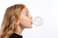 Blond girl blowing bubble gum. 