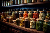 Herbal medicine shelf arrangement ingredient. 