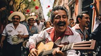 Photo of mexican music band playing in the streets of mexico city.  