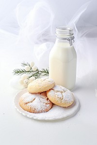 Snow sugar powder butter cookies milk bottle table. AI generated Image by rawpixel.