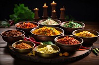 Traditional Indian dishes food table meal. 