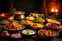 Traditional Indian dishes food table arrangement. 