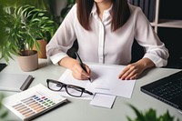 Woman accountant document computer glasses. 