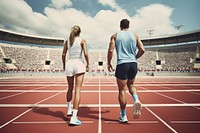 Young woman running stadium adult. 